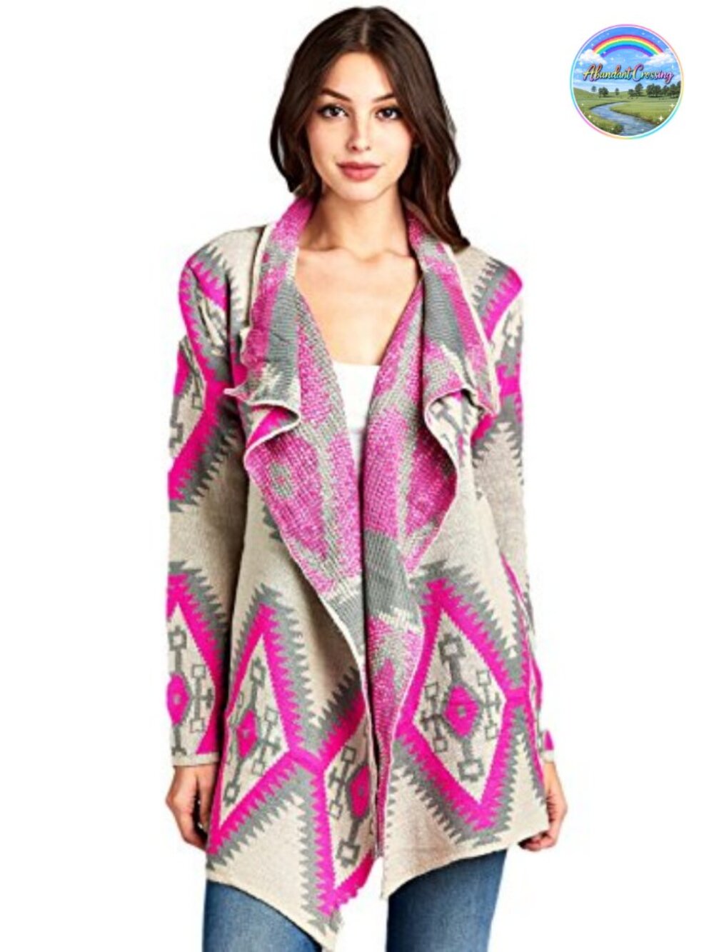 Open Front Long Sleeve Knit Chunky Cardigan Sweater Oversized Aztec Print